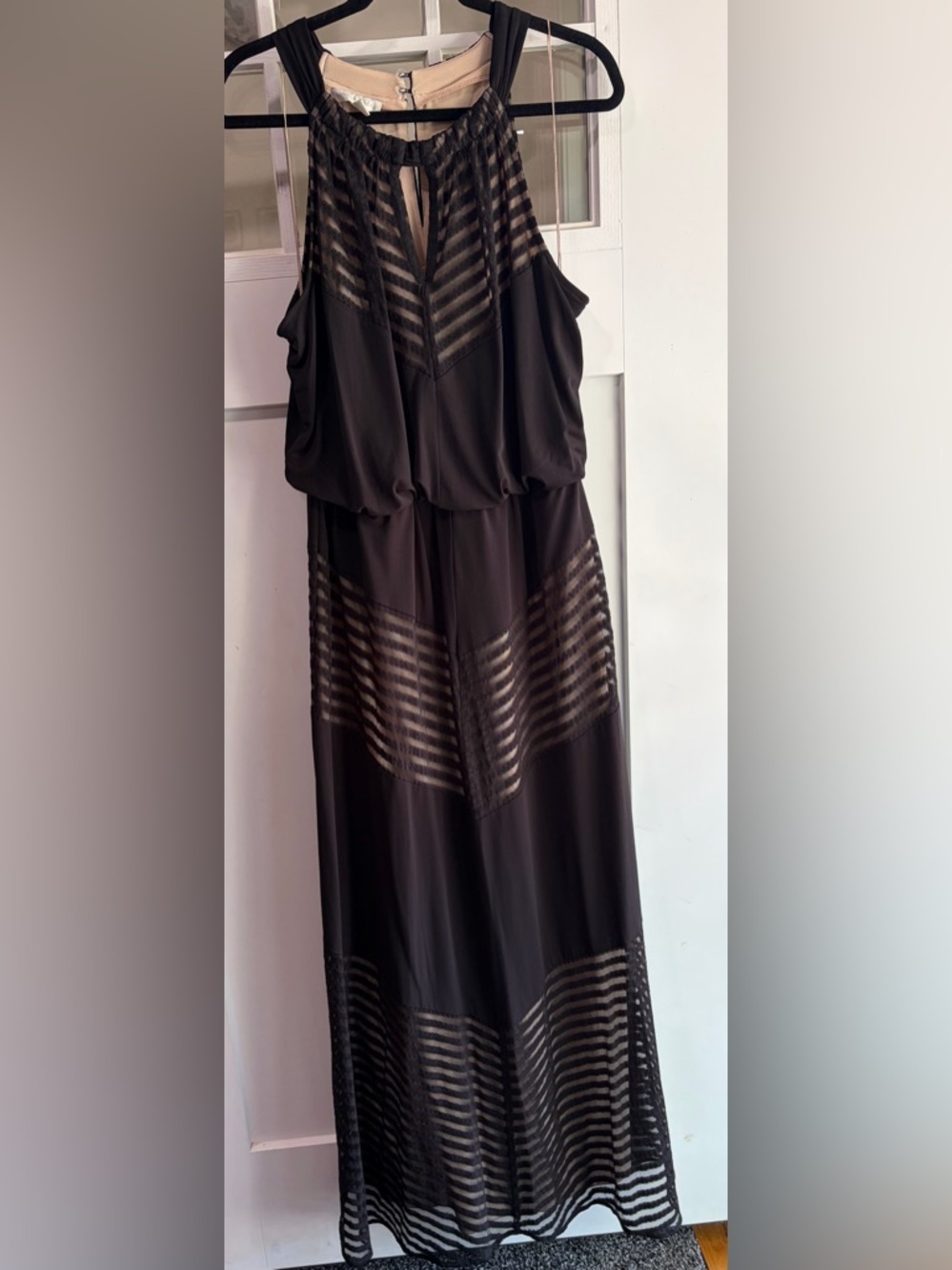 NWOT London Times Black Sheer-Stripe Overlay Evening Dress